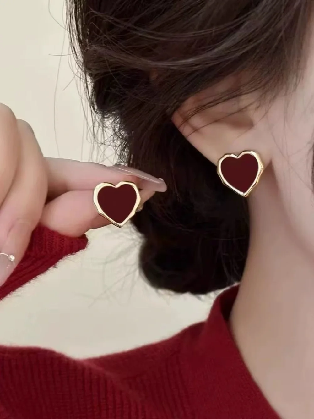 ***Dainty Gold Heart Stud Earrings with Red Enamel